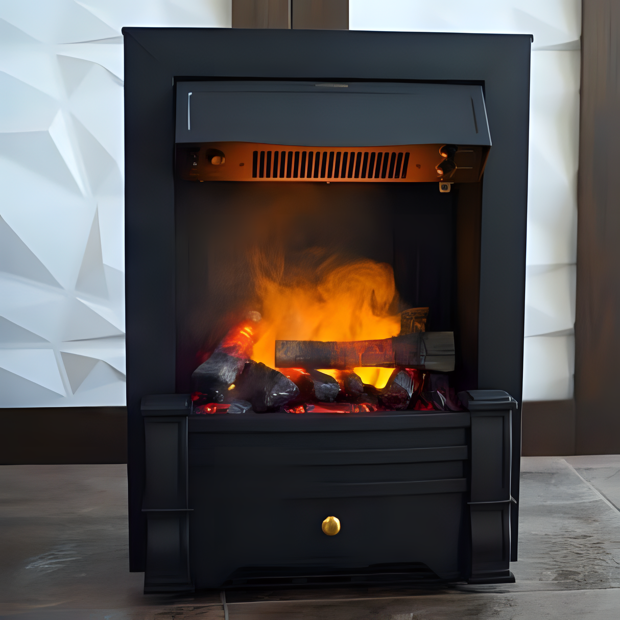 A classic freestanding black electric fireplace with a glowing fire effect, featuring a visible chimney and drawer.
