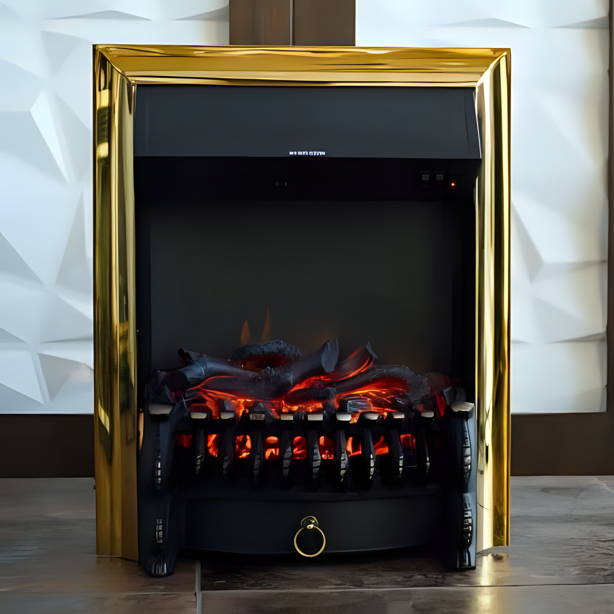 A black electric fireplace with a golden frame and glowing red embers, placed against a white textured wall.