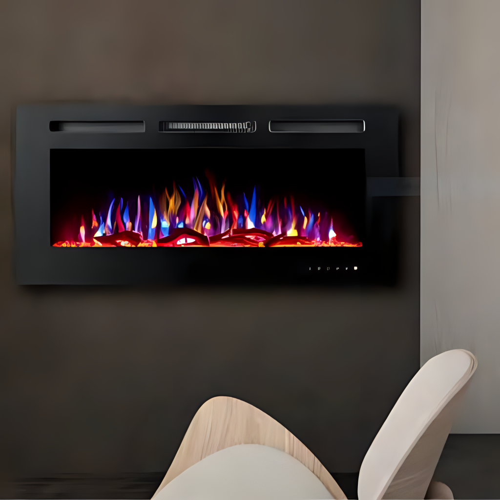 A contemporary dark wall with a mounted electric fireplace displaying bright blue and purple flames, with a white chair positioned in front.