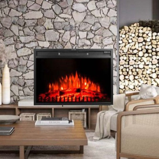 A large, built-in electric fireplace with a stone wall backdrop, surrounded by a cozy living room setting with wooden furniture.