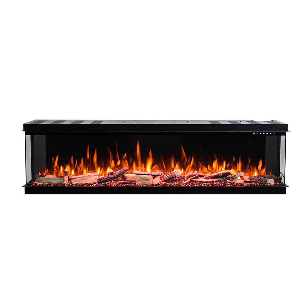 A sleek rectangular electric fireplace with vibrant orange and red flames, set against a white background.