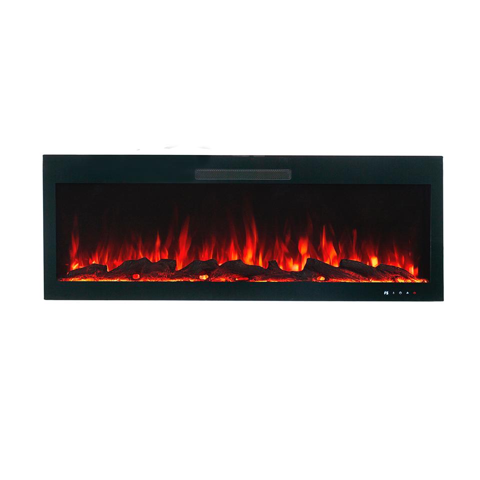 A simple rectangular electric fireplace with glowing red and orange flames, set against a white background.