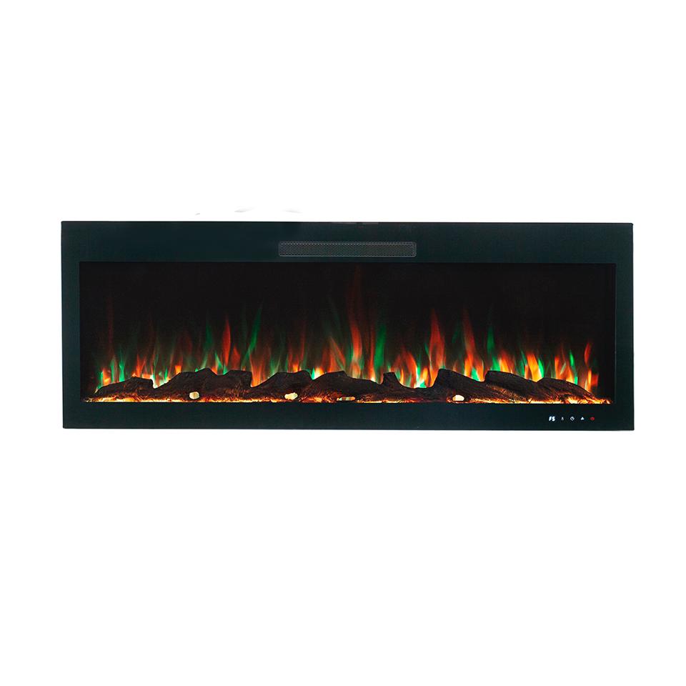 A rectangular electric fireplace with a mix of green, orange, and red flames, encased in a black frame.