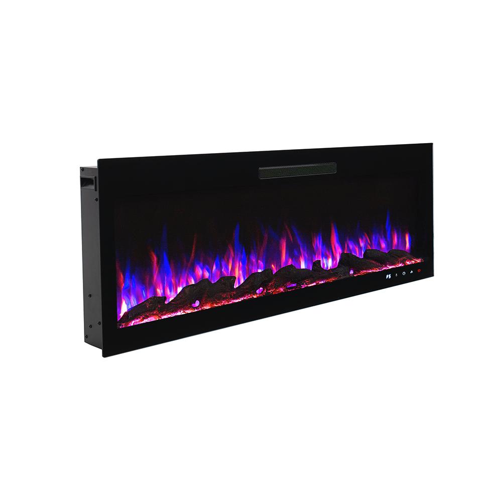 A black wall-mounted electric fireplace emitting vibrant purple and blue flames, set against a white background.
