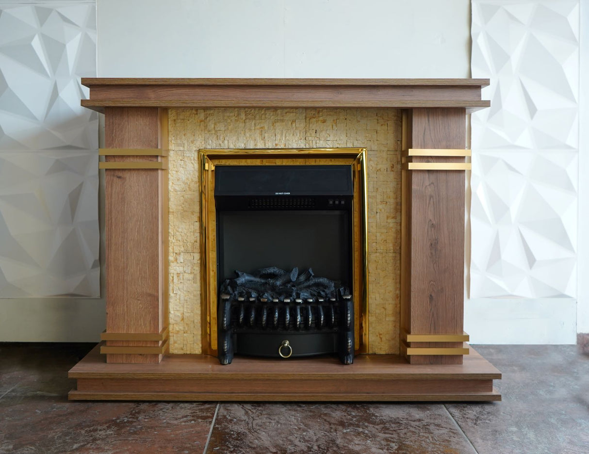 A wooden fireplace mantel with gold accents and an embedded black electric fireplace, featuring a warm, elegant design.