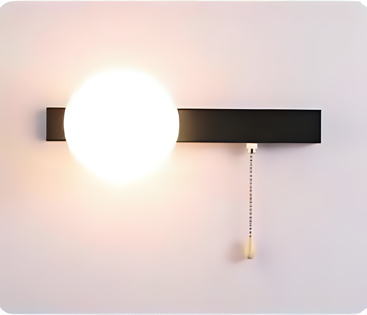 A minimalist white vertical wall sconce with a smooth, curved panel holding a glowing round bulb, mounted on a plain white wall.