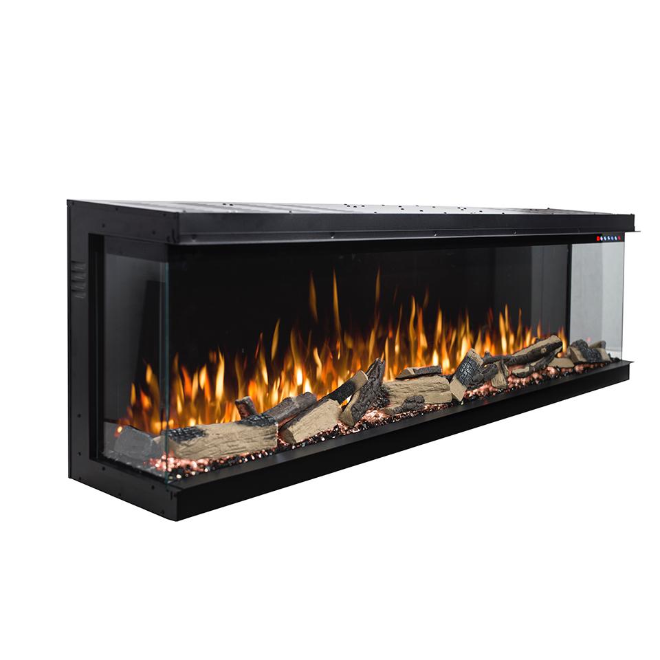 A modern three-sided electric fireplace with realistic orange flames and decorative logs, enclosed in a black frame.