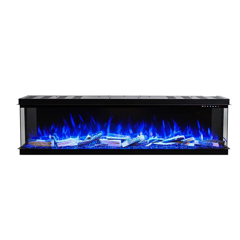 A rectangular electric fireplace emitting striking blue flames, set against a white background.