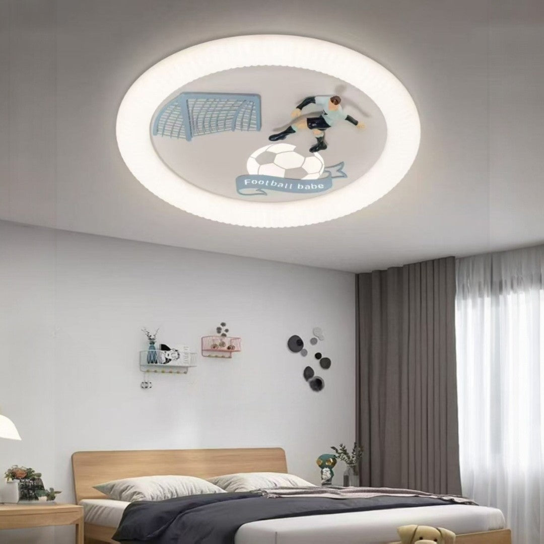 Ceiling light fixture with soccer design in a bedroom setting