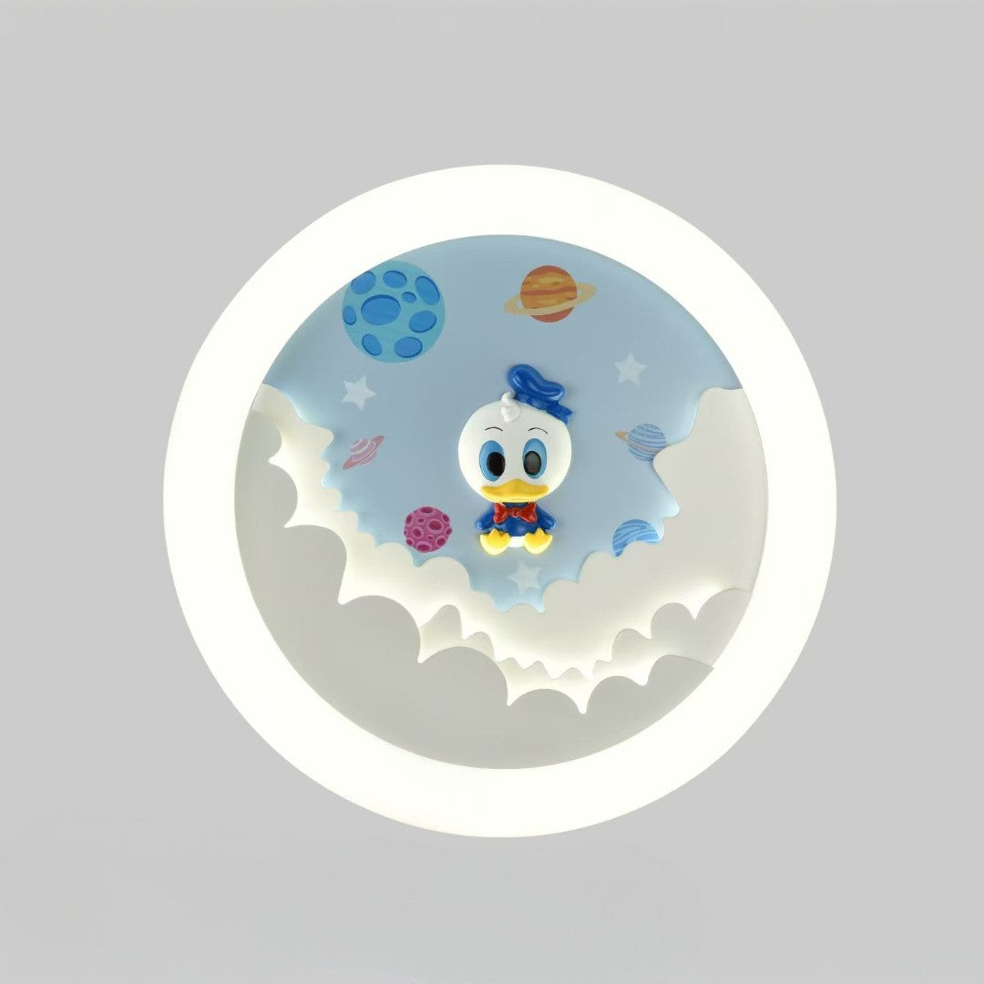Cartoon character on a blue background with planets and stars, framed by a white circle on a gray background.