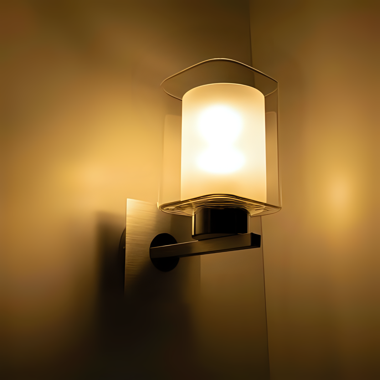 Modern cylindrical wall light with a frosted inner glass shade and clear outer casing, mounted on a brushed metal base, casting a warm ambient glow on the wall.