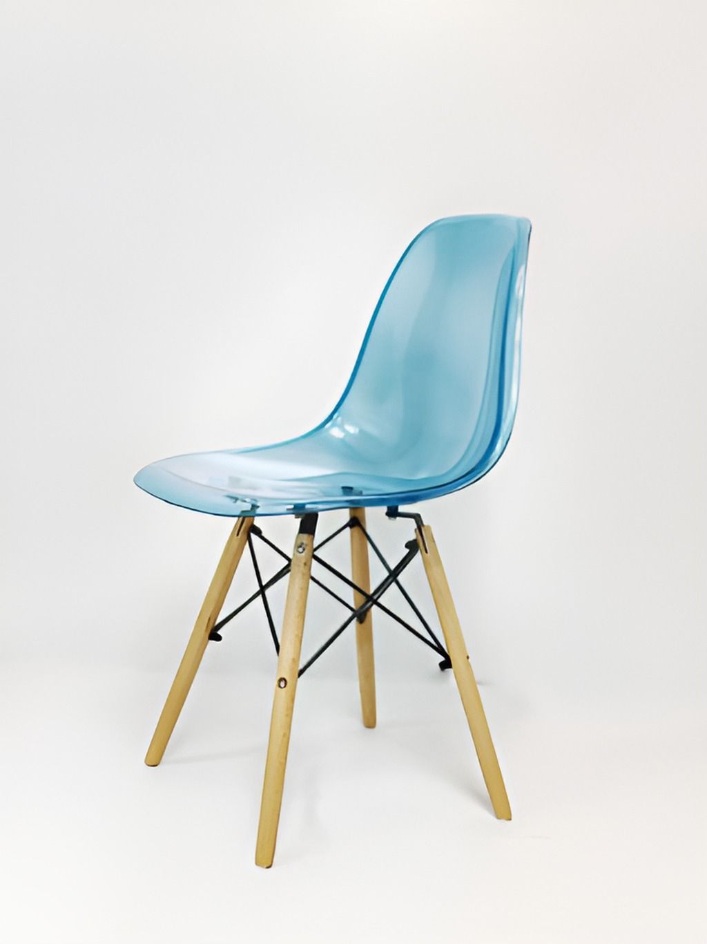 A blue plastic chair with solid beech wood legs and a metal frame, set against a white background.