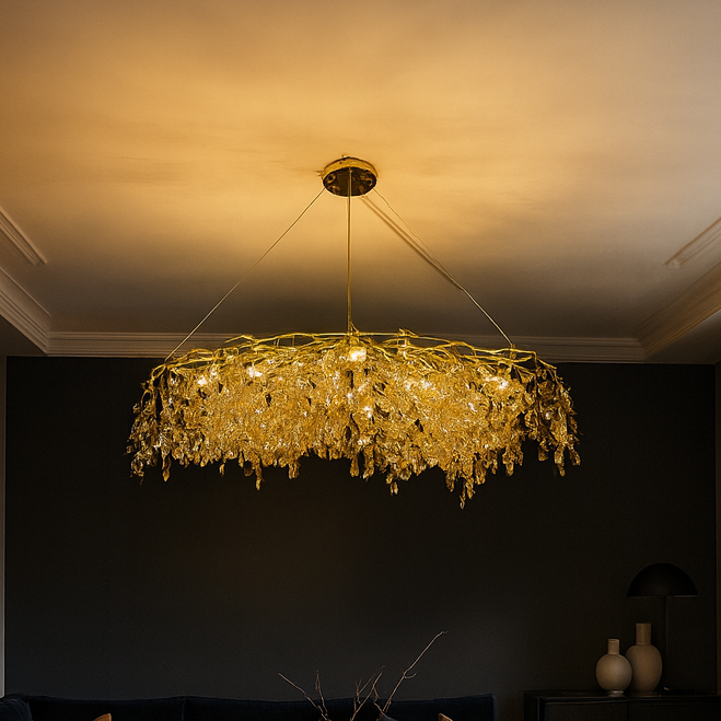 Modern living room with a dark sofa, coffee table, and decorative chandelier.