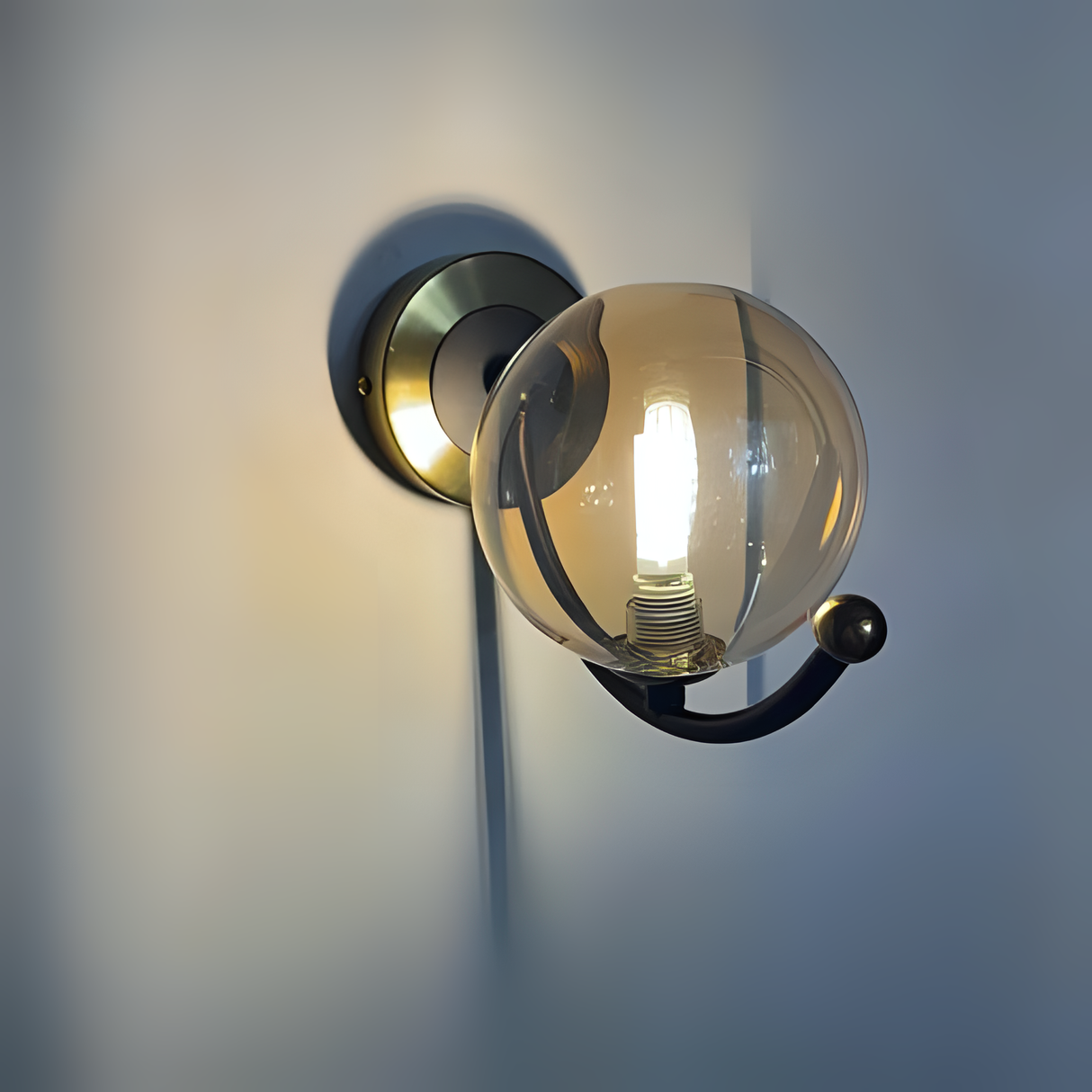 Modern globe-shaped wall light with a transparent glass sphere and black metal arm, featuring a G9 LED bulb and circular wall mount against a neutral-colored wall.