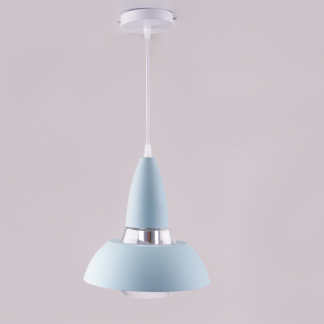 A pastel blue and silver pendant light with a conical shape, suspended from a white ceiling.