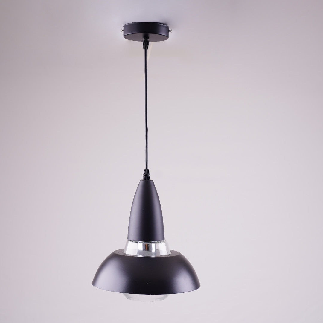 A black and silver pendant light with a conical shape, suspended from a white ceiling.