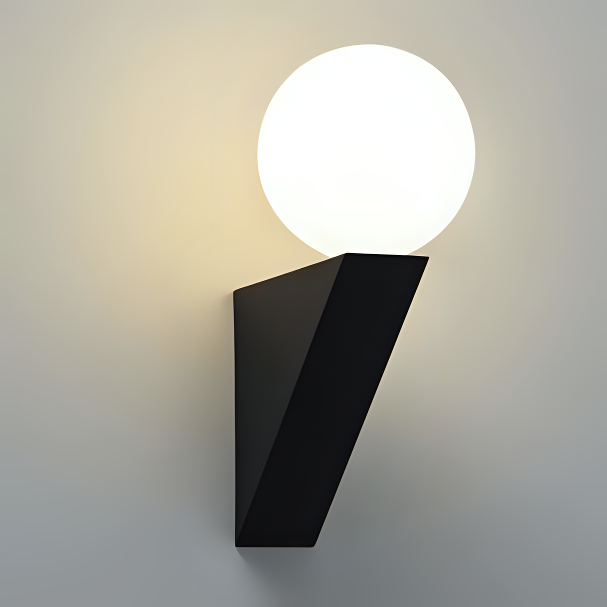 A modern wall light with a black angular base and a glowing white orb, creating a striking contrast.