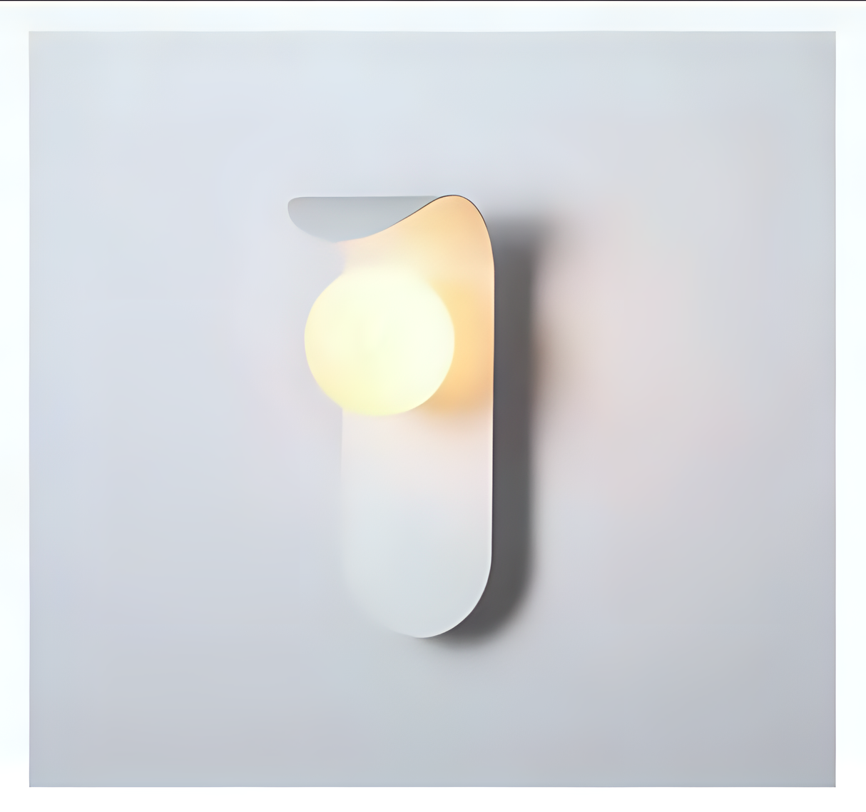 A minimalist white wall sconce with a curved, vertical panel and a single round glowing bulb, mounted on a light-colored wall.