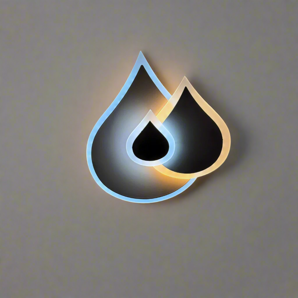 Wall-mounted LED light fixture shaped like two overlapping water droplets, with a soft white and warm white glow illuminating the surrounding wall.