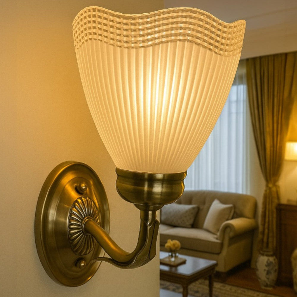 Wall-mounted lamp with textured glass shade in a living room setting