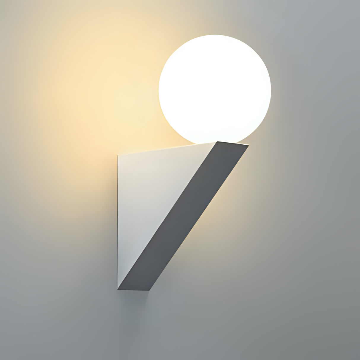 A modern wall light with a white angular base and a glowing white orb, creating a striking contrast.