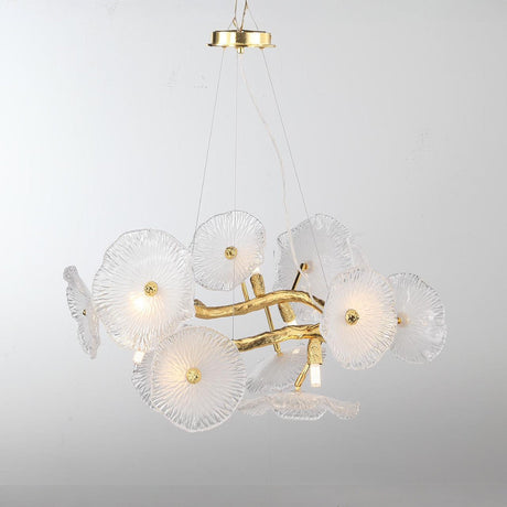 Gold floral chandelier with white glass petals by JASSOURCO