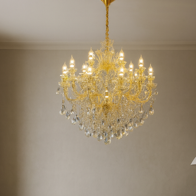 Gold chandelier with clear crystals against a plain wall