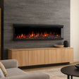 Modern living room with a wall-mounted electric fireplace, wooden cabinet, and gray sofa.