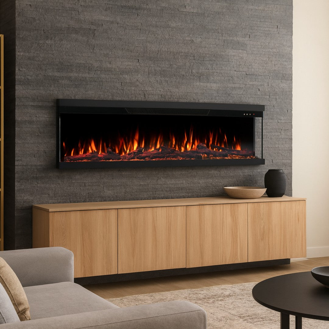 Modern living room with a wall-mounted electric fireplace, wooden cabinet, and gray sofa.