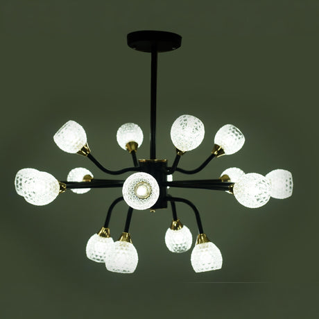 A black chandelier with multiple curved arms, each ending in a glowing frosted glass orb.