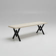 Wooden bench with black metal legs on a white background