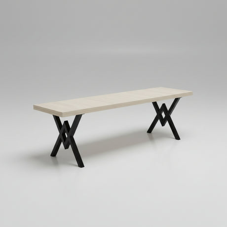Wooden bench with black metal legs on a white background