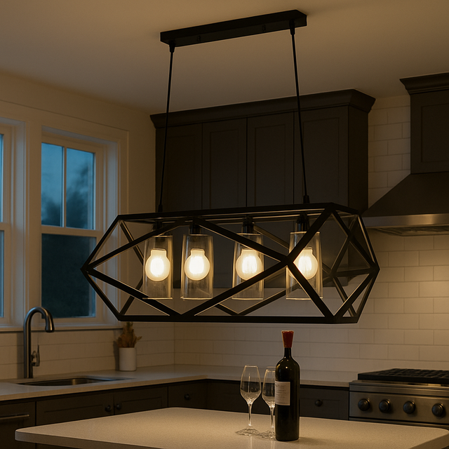 Modern kitchen with a geometric pendant light fixture.