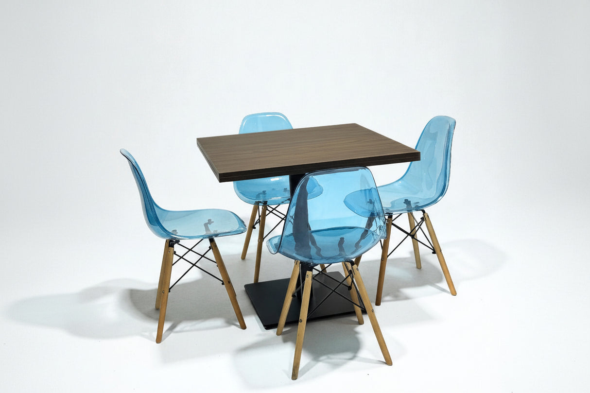 Dining table set with four blue chairs on a white background