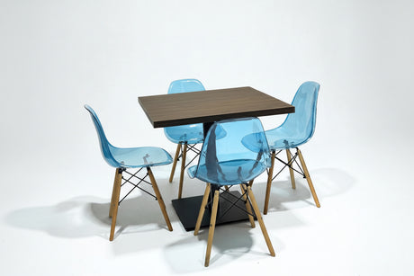 Dining table set with four blue chairs on a white background
