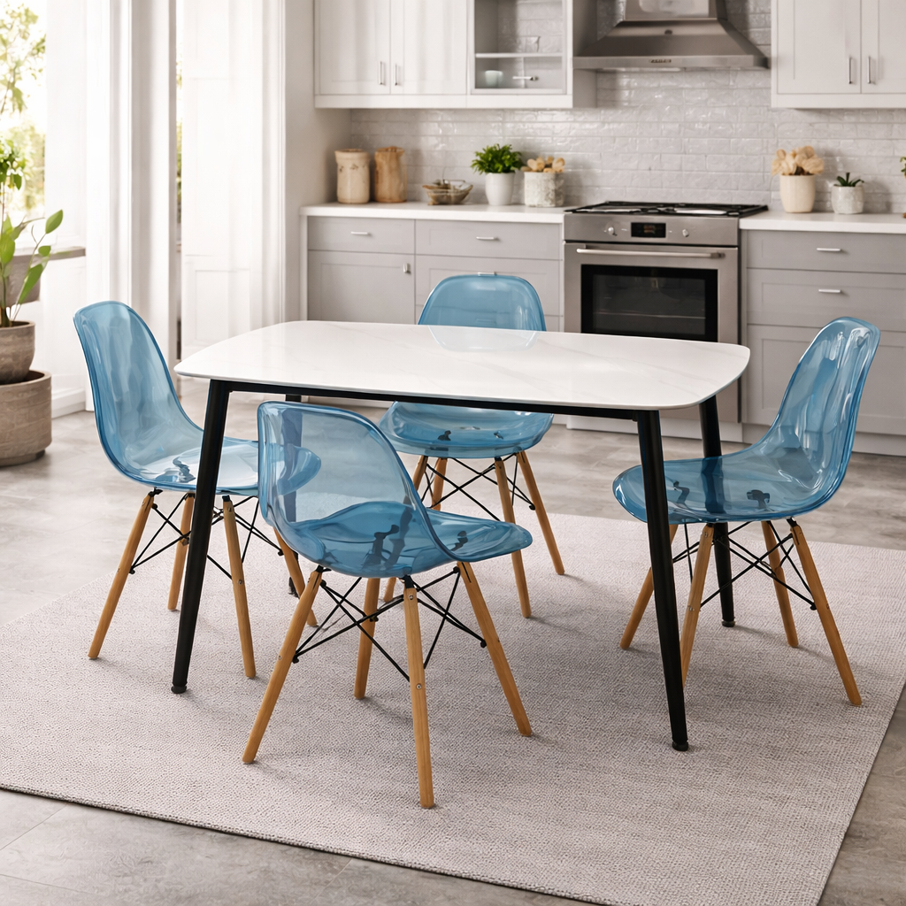 Ceramic White Dining Set With Blue Chair, 118x78cm - JassourCo.