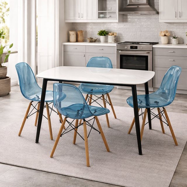 Ceramic White Dining Set With Blue Chair, 118x78cm - JassourCo.