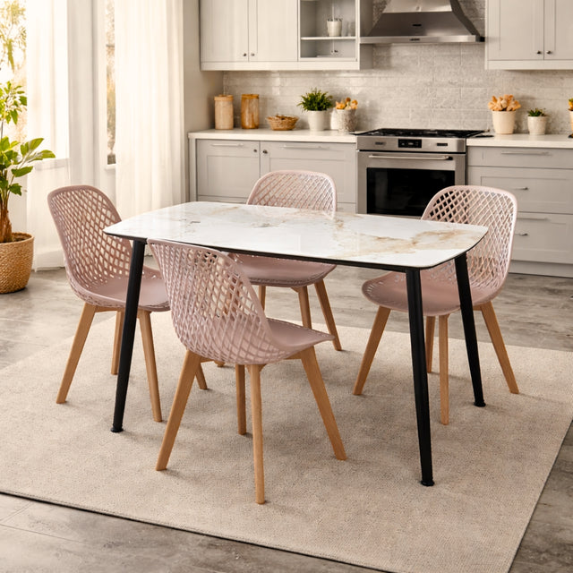 Ceramic Soft Beige And White Dining Set With Pink Chair, 118x78cm - JassourCo.