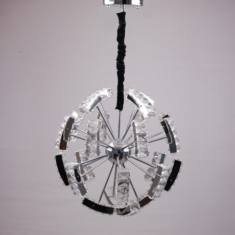 A contemporary circular crystal pendant chandelier with a layered design, featuring clear glass panels and a mirrored frame, suspended against a light background.