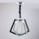 A contemporary geometric crystal pendant chandelier with a polygonal layered design featuring clear glass and mirrored frame.