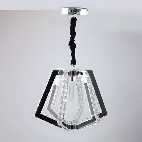 A contemporary geometric crystal pendant chandelier with a polygonal layered design featuring clear glass and mirrored frame.