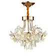 A luxurious gold and crystal ceiling chandelier with a twisted golden suspension rod. It features a compact round gold base and is adorned with delicate flower-like crystal petals arranged in a circular cluster. Ideal for low to medium-height ceilings in formal living or dining rooms.