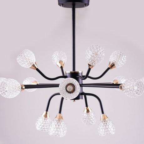 A black chandelier with multiple arms and clear, textured glass globes