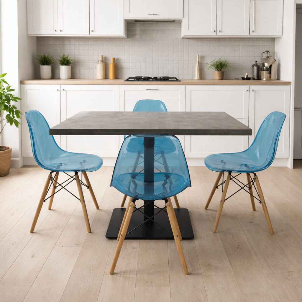 Modern Grey Dining Set With Blue Chairs, 120x80cm - JassourCo.
