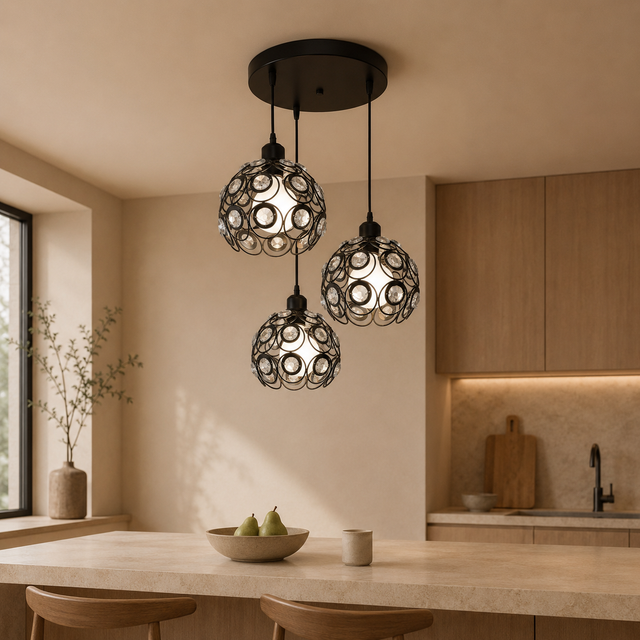 1027-3 3-Light Pendant Fixture, Black Finish - JassourCo.