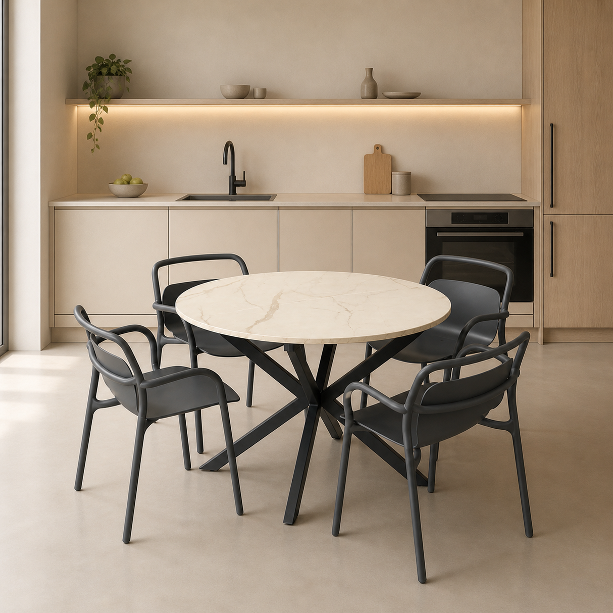Modern White Marble Extendable Table, 100x100cm to 140x100cm With Grey Chairs