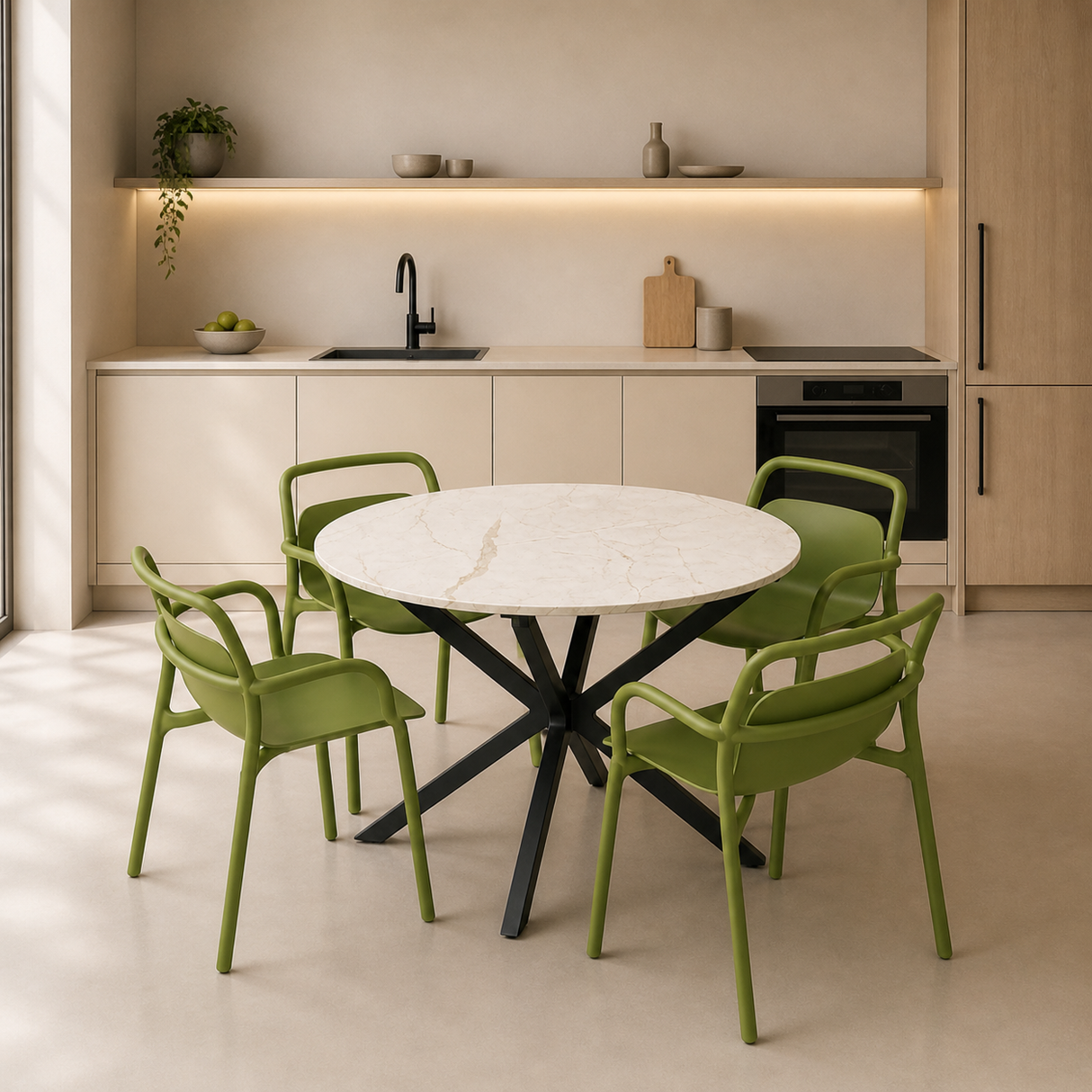Modern White Marble Extendable Table, 100x100cm to 140x100cm With Green Chairs