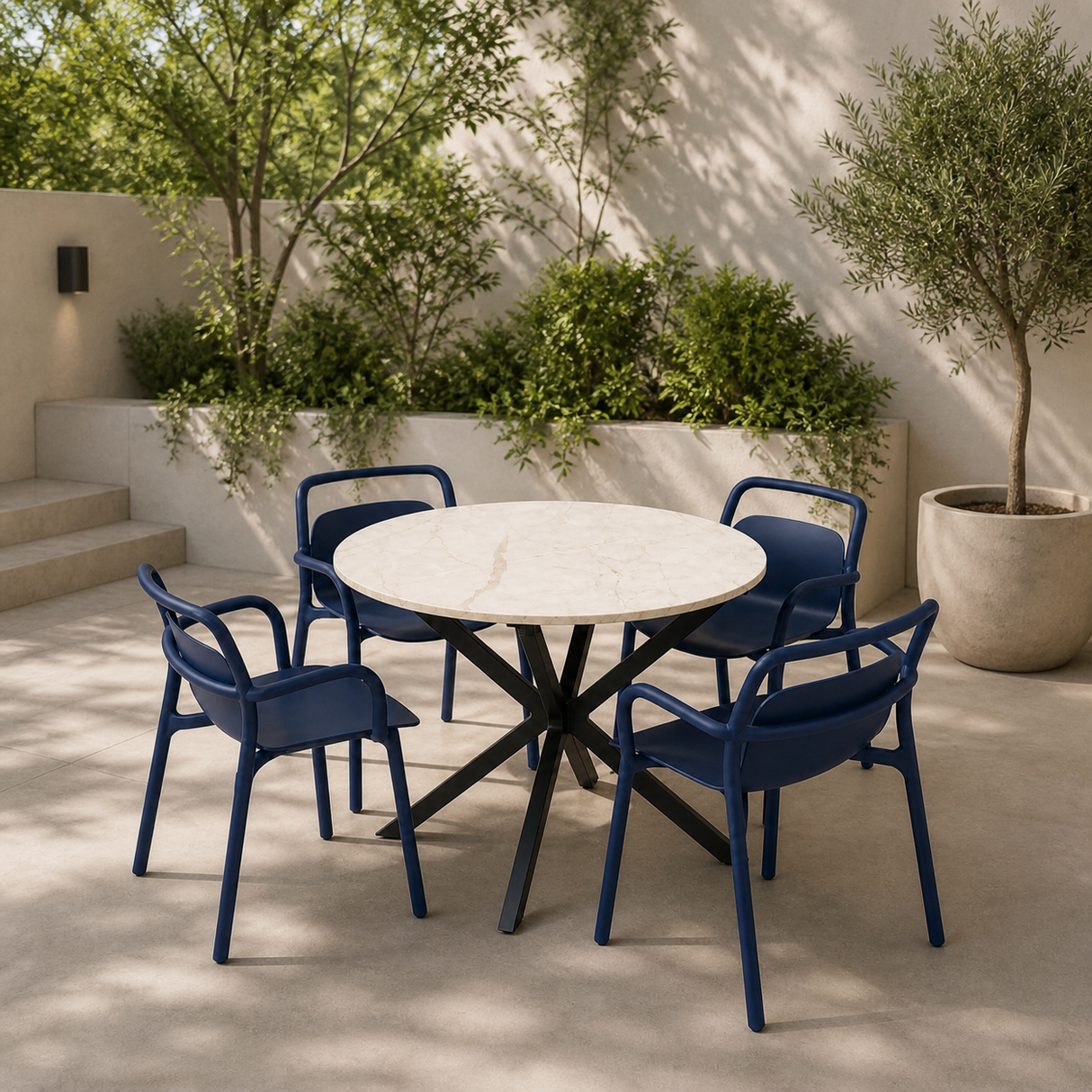 Modern White Marble Extendable Table, 100x100cm to 140x100cm With Blue Chairs