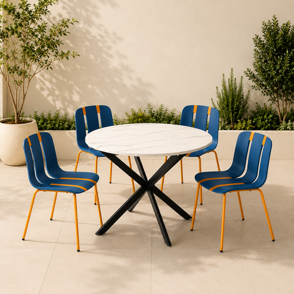 Modern White Marble Extendable Table, 100x100cm to 140x100cm With Navy blue Chairs