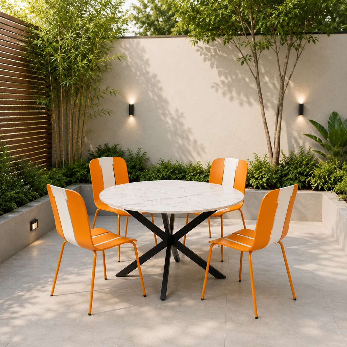 Modern White Marble Extendable Table, 100x100cm to 140x100cm With Orange  Chairs